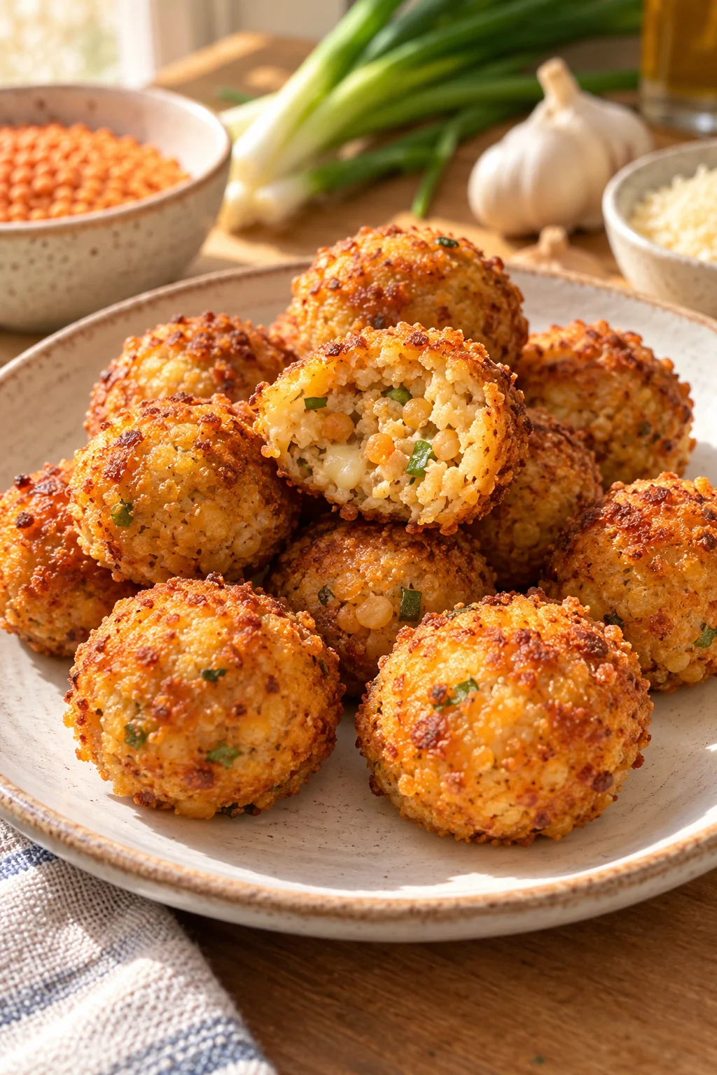 Primer plano de albóndigas de lentejas al queso con corte mostrando textura y costra dorada