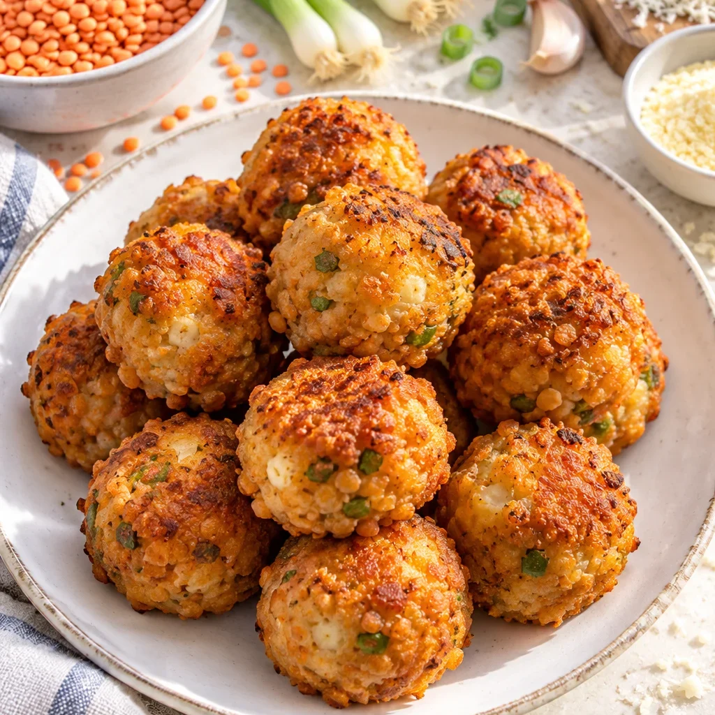 Albóndigas de lentejas al queso servidas en un plato blanco con costra dorada