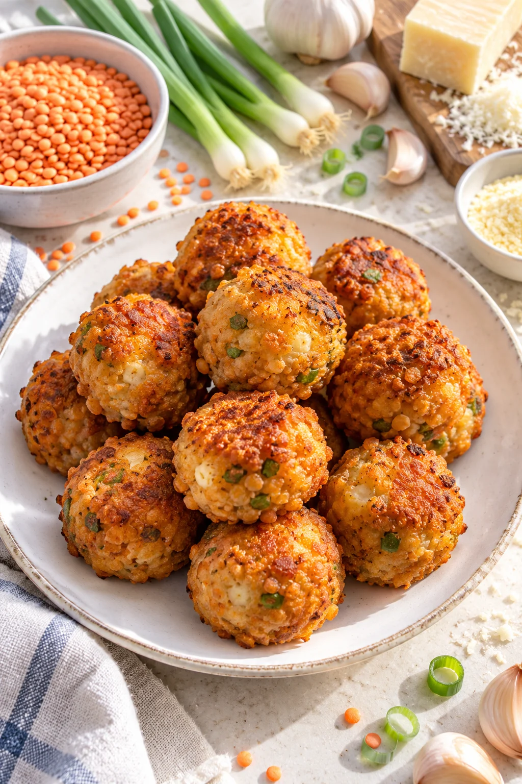 Albóndigas de lentejas al queso servidas en un plato blanco con costra dorada