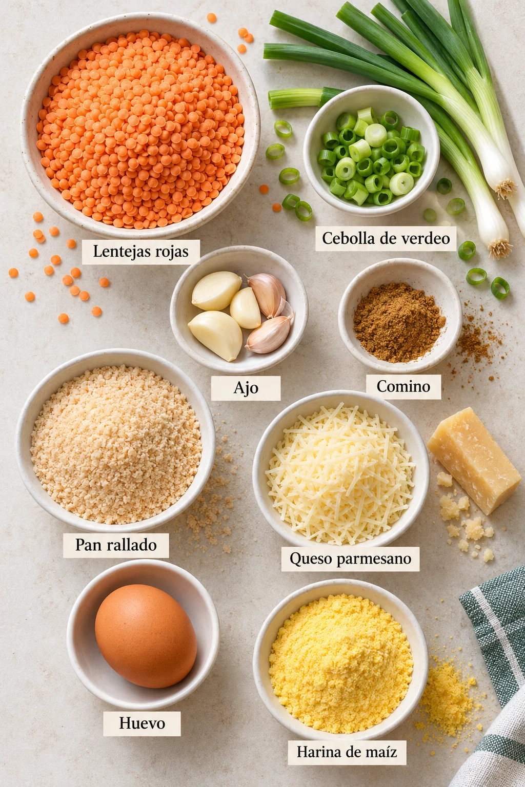 Ingredientes etiquetados para albóndigas de lentejas al queso en bowls blancos