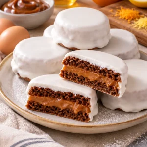 Alfajores de nieve con dulce de leche y cobertura brillante