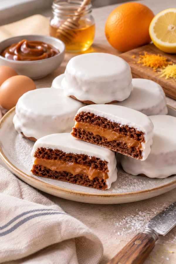 Alfajores de nieve con dulce de leche y cobertura brillante