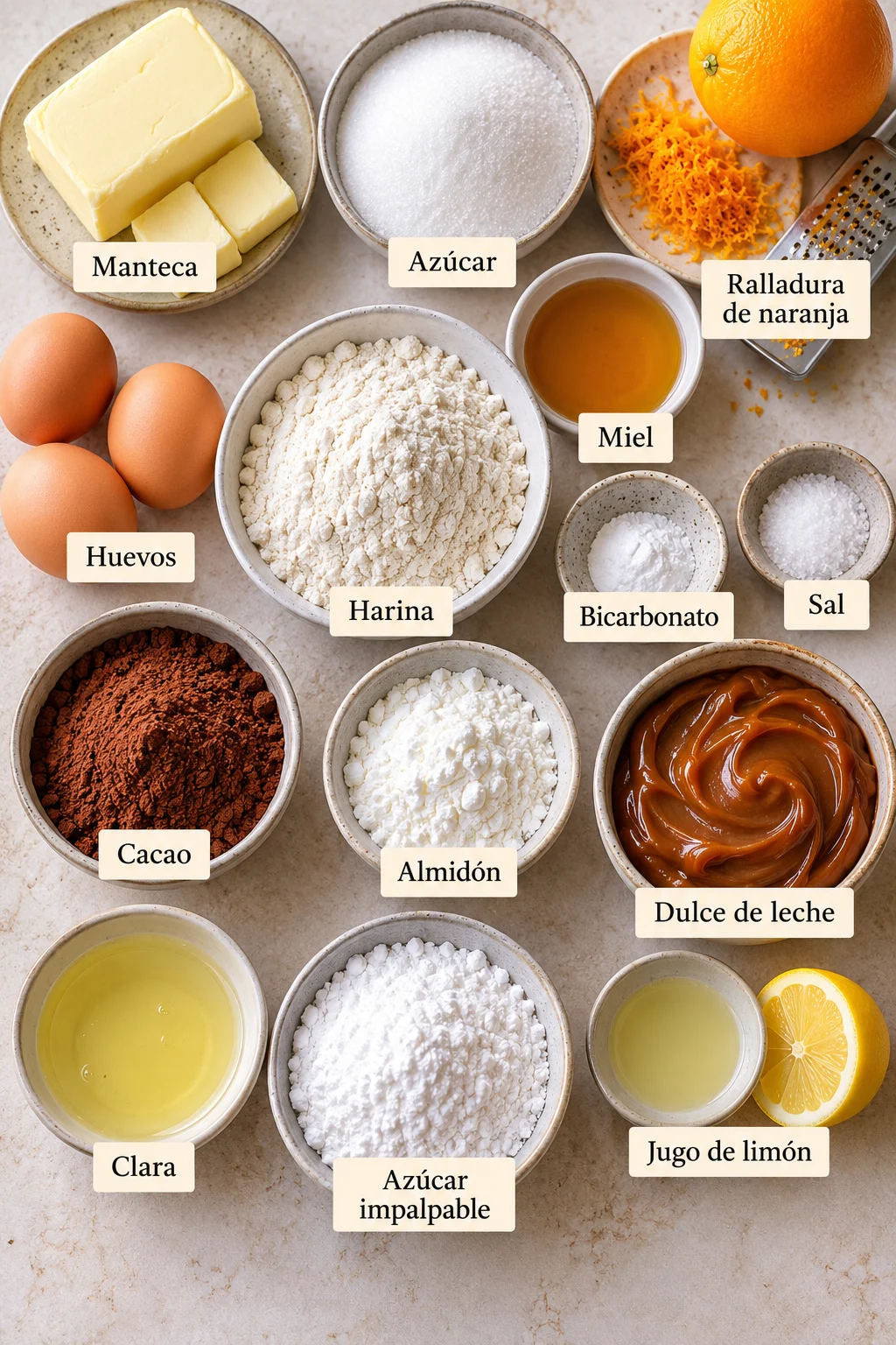 Ingredientes etiquetados para alfajores de nieve
