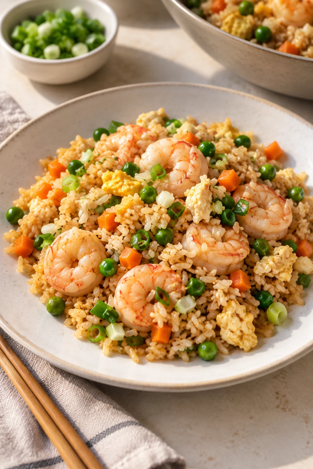 Primer plano de arroz chino con gambas y verduras mostrando textura y colores