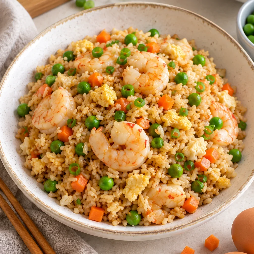 Plato de arroz chino con gambas, huevo y verduras servido en la mesa