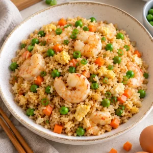 Plato de arroz chino con gambas, huevo y verduras servido en la mesa