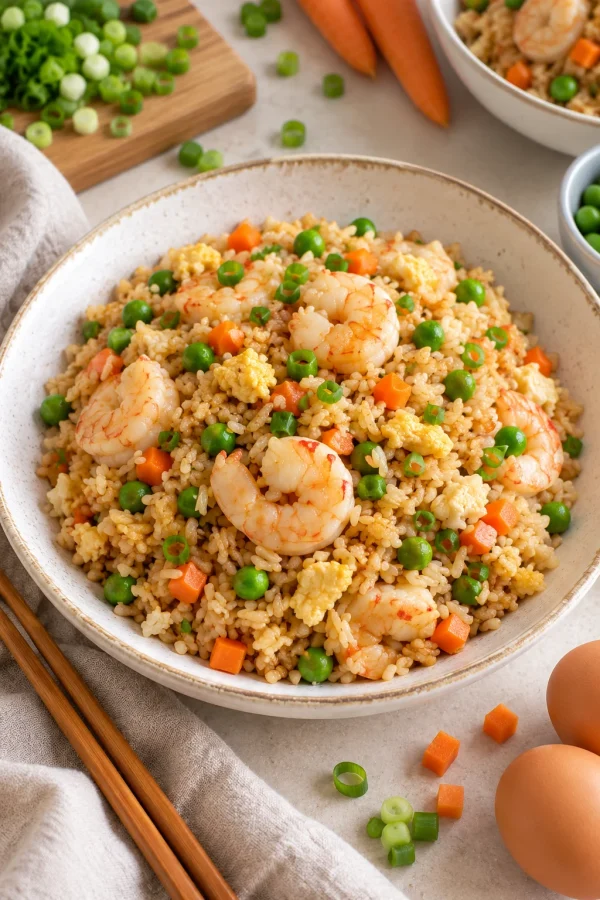 Plato de arroz chino con gambas, huevo y verduras servido en la mesa