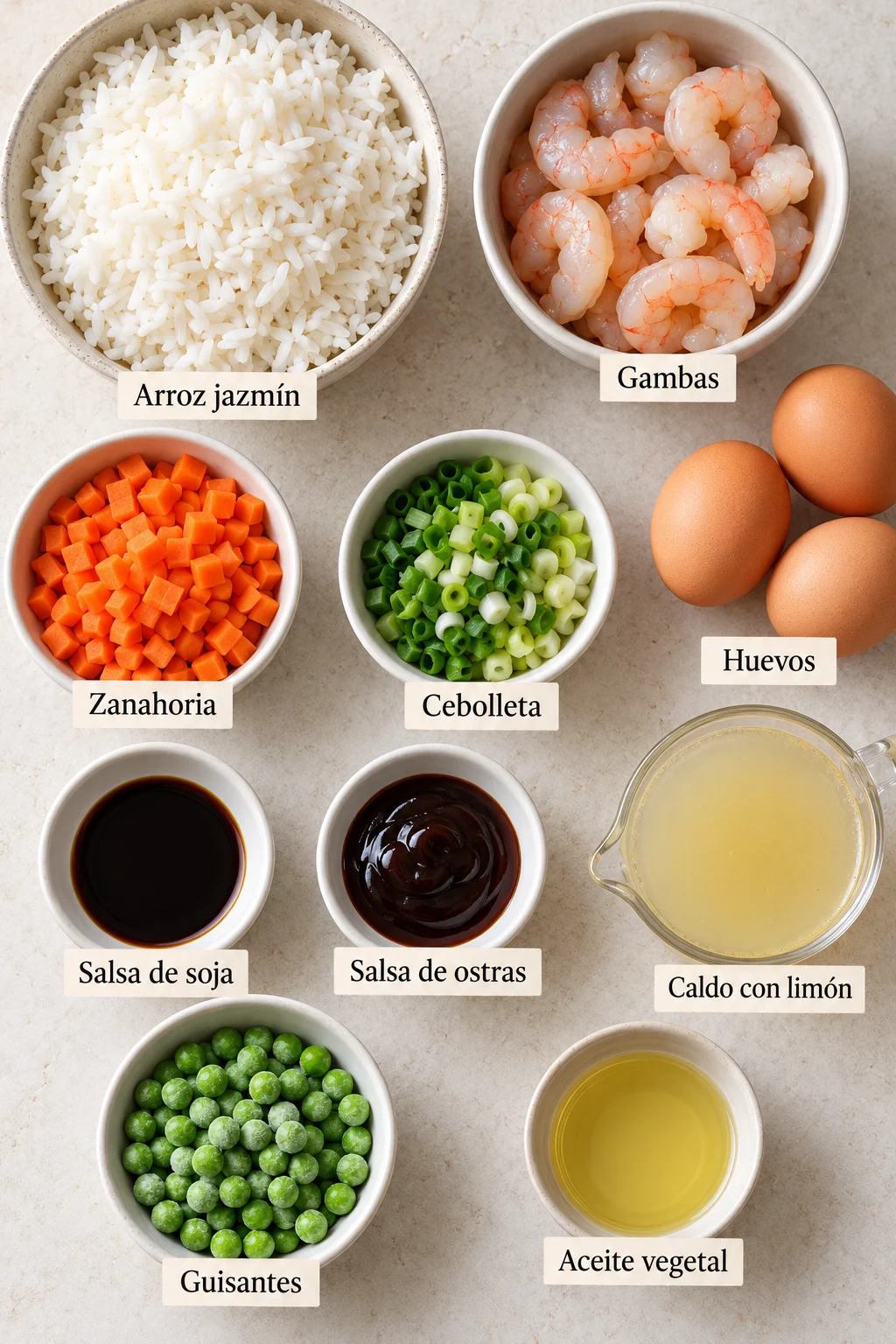 Ingredientes etiquetados para arroz chino con gambas y verduras