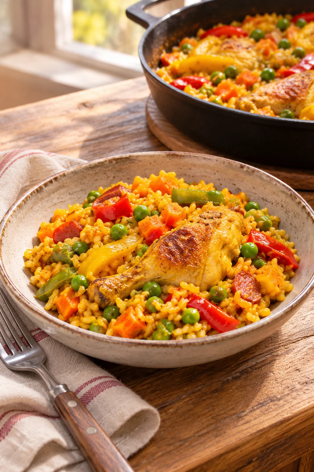 Arroz con pollo servido en un plato rústico