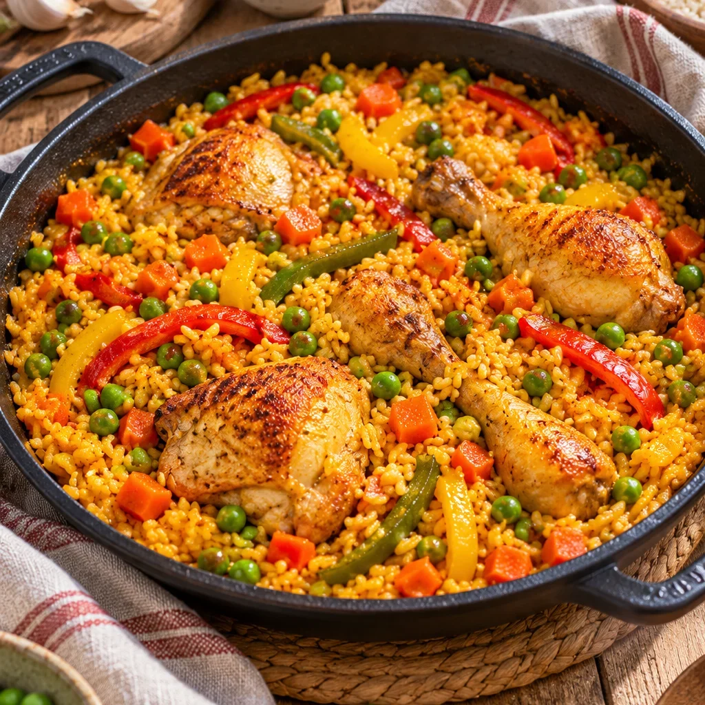 Arroz con pollo, un plato tradicional con pollo dorado y guisantes