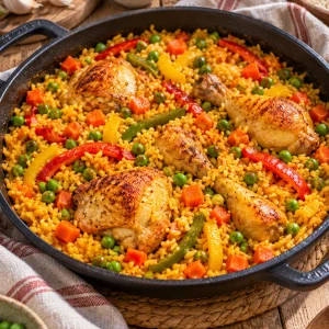 Arroz con pollo, un plato tradicional con pollo dorado y guisantes