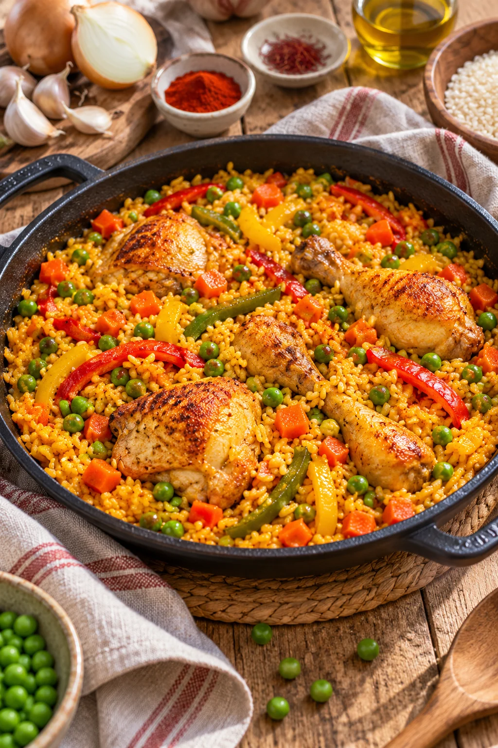 Arroz con pollo, un plato tradicional con pollo dorado y guisantes