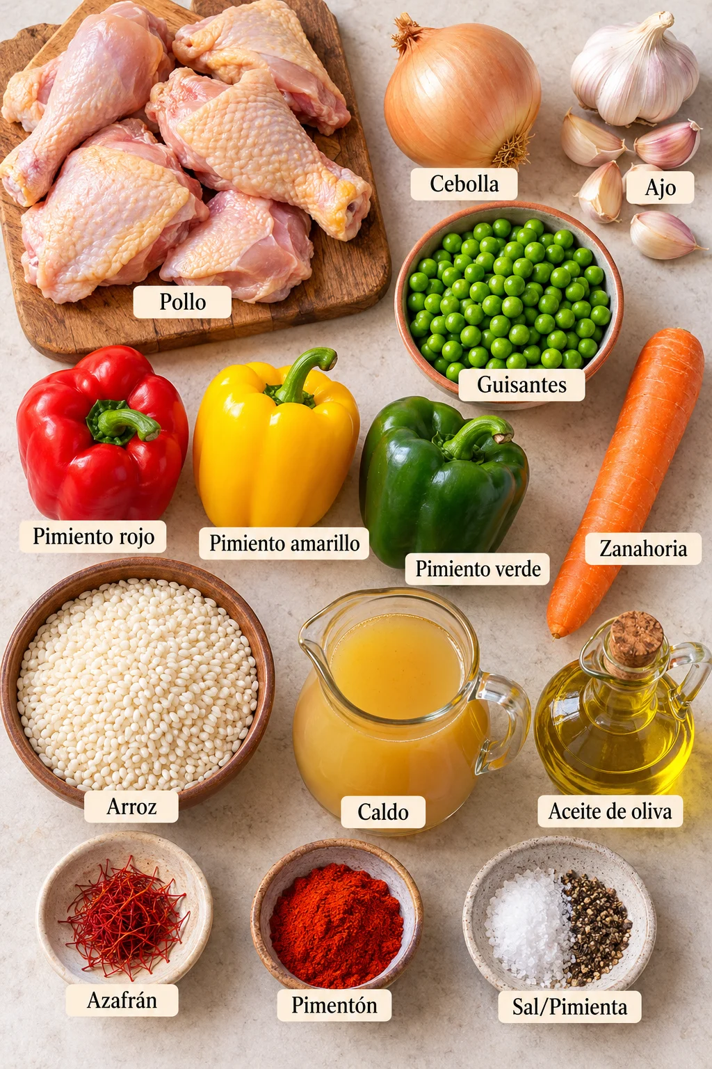 Ingredientes etiquetados para arroz con pollo
