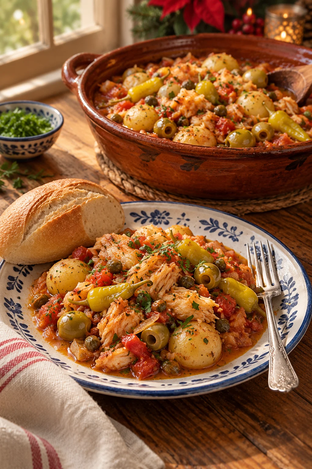 Primer plano de bacalao a la vizcaína con textura y salsa de jitomate y pimientos