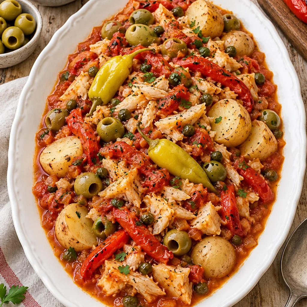 Plato tradicional de bacalao a la vizcaína para Nochebuena con papas, jitomate y pimientos