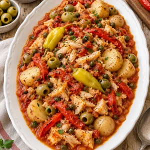 Plato tradicional de bacalao a la vizcaína para Nochebuena con papas, jitomate y pimientos