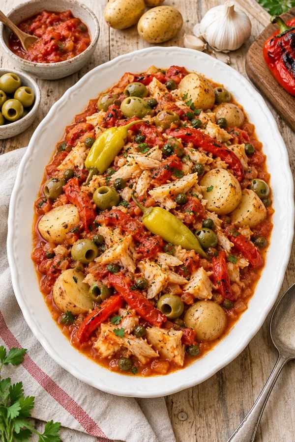 Plato tradicional de bacalao a la vizcaína para Nochebuena con papas, jitomate y pimientos