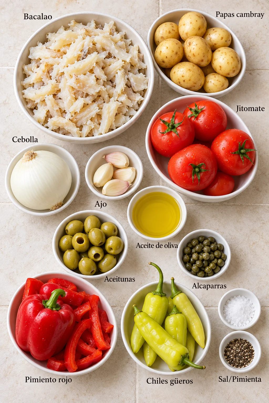 Ingredientes etiquetados para bacalao a la vizcaína en bowls blancos