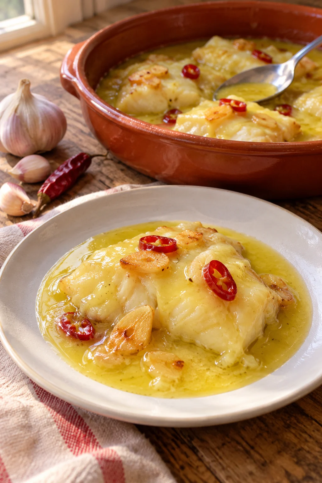 Bacalao al pil pil servido en la mesa