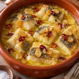 Bacalao al pil pil servido con ajo y guindilla