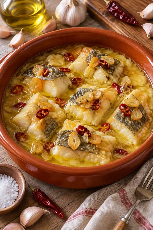 Bacalao al pil pil servido con ajo y guindilla