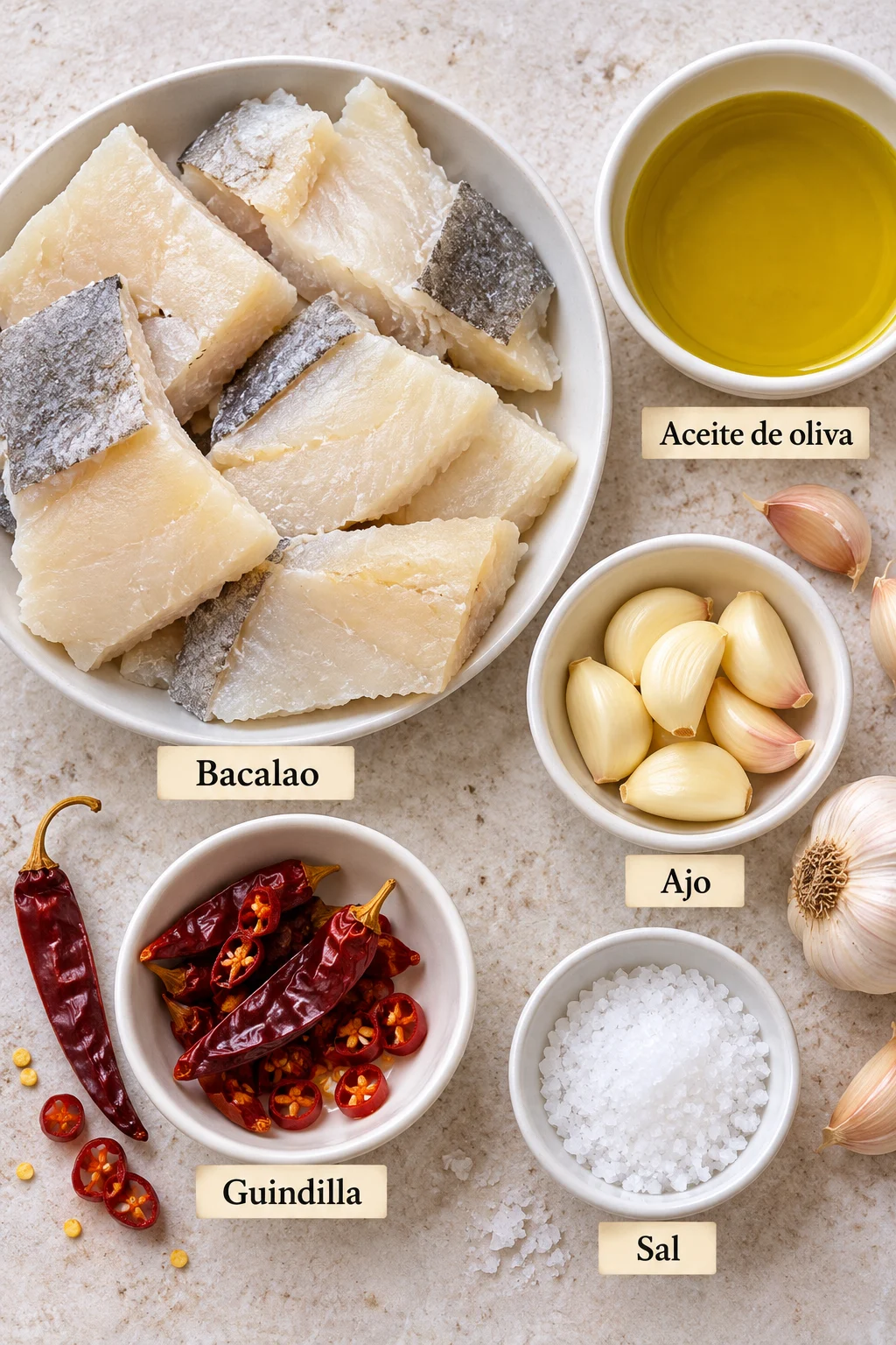 Ingredientes etiquetados para bacalao al pil pil
