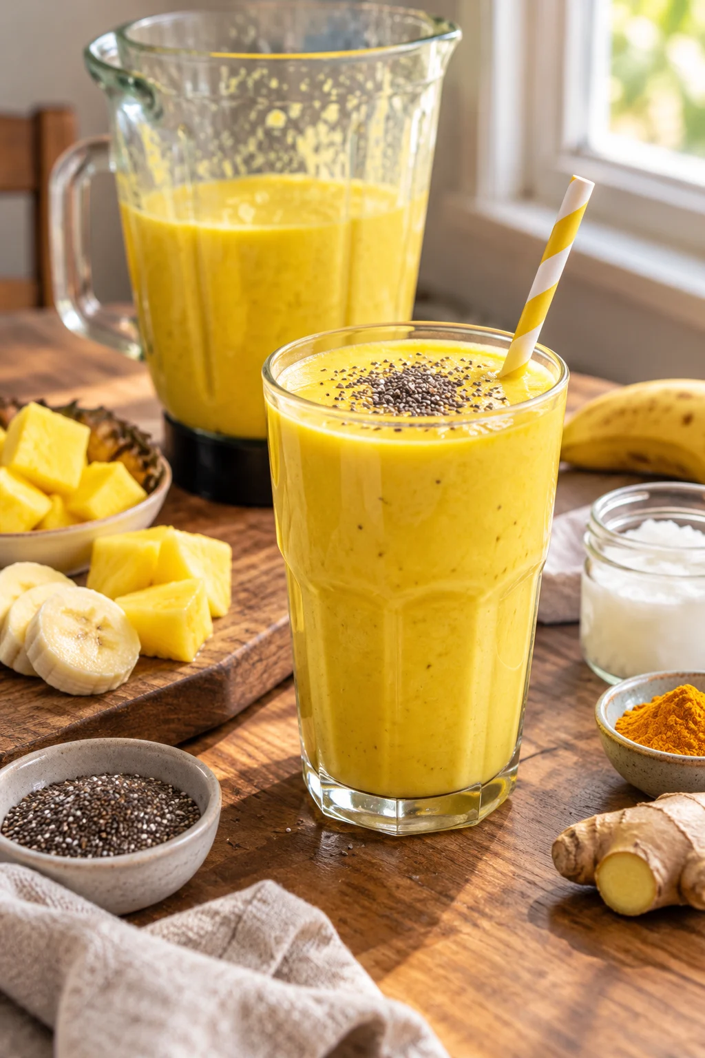 Batido antiinflamatorio de cúrcuma servido en un vaso