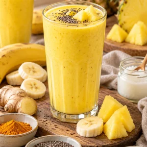 Batido antiinflamatorio de cúrcuma con piña, plátano y semillas de chía