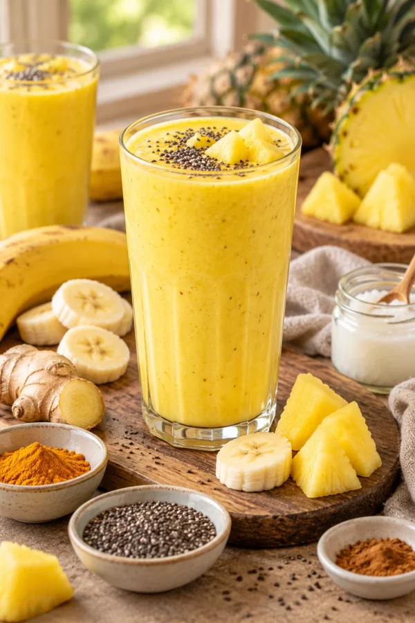 Batido antiinflamatorio de cúrcuma con piña, plátano y semillas de chía