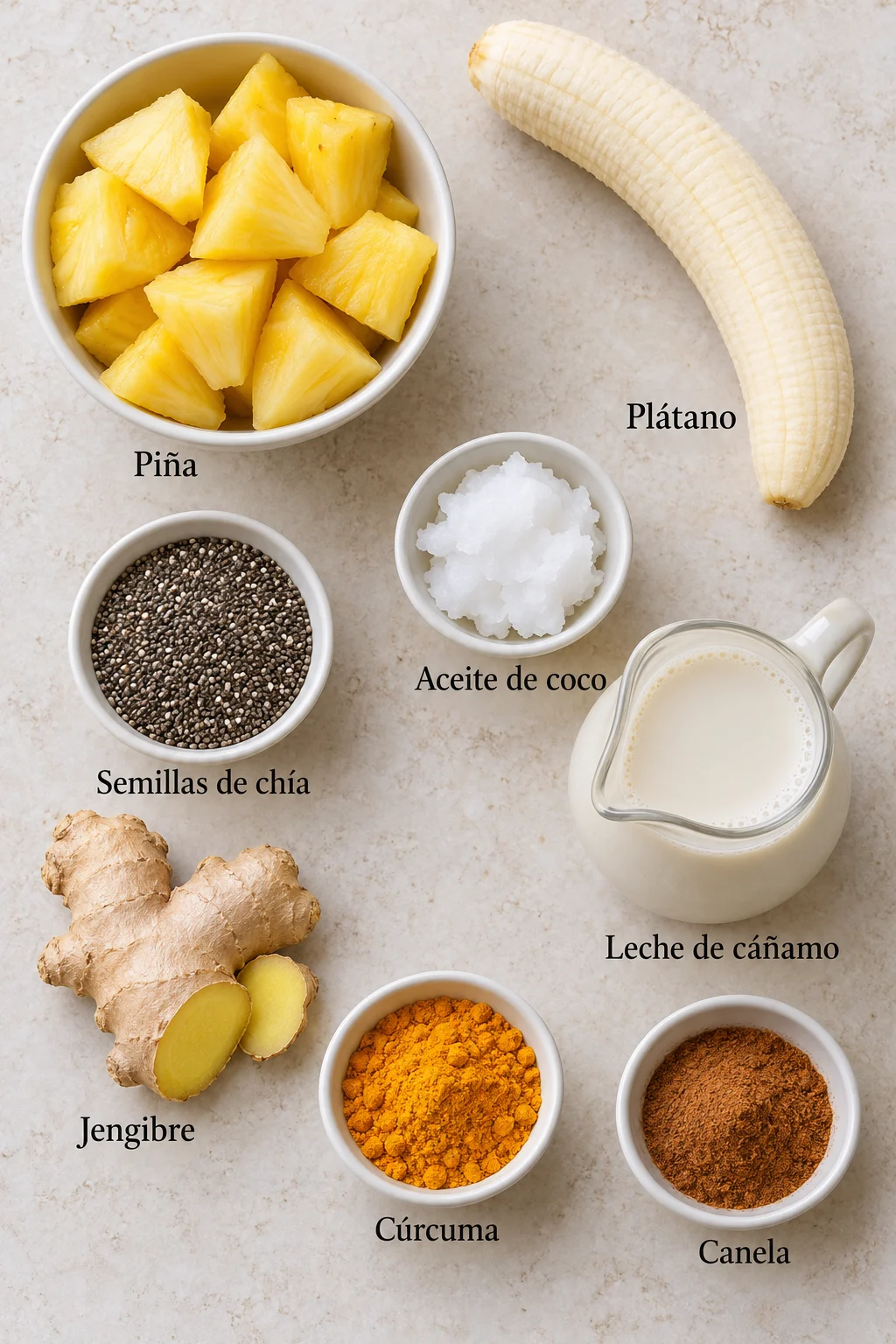 Ingredientes etiquetados para batido antiinflamatorio de cúrcuma