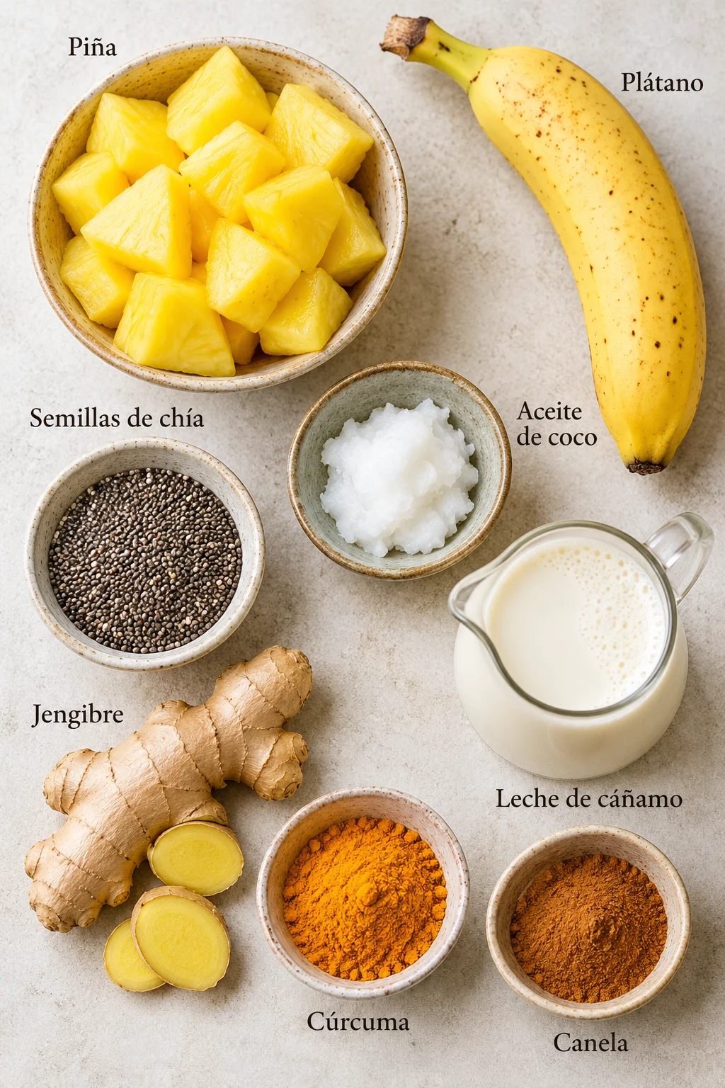Ingredientes etiquetados para batido de cúrcuma