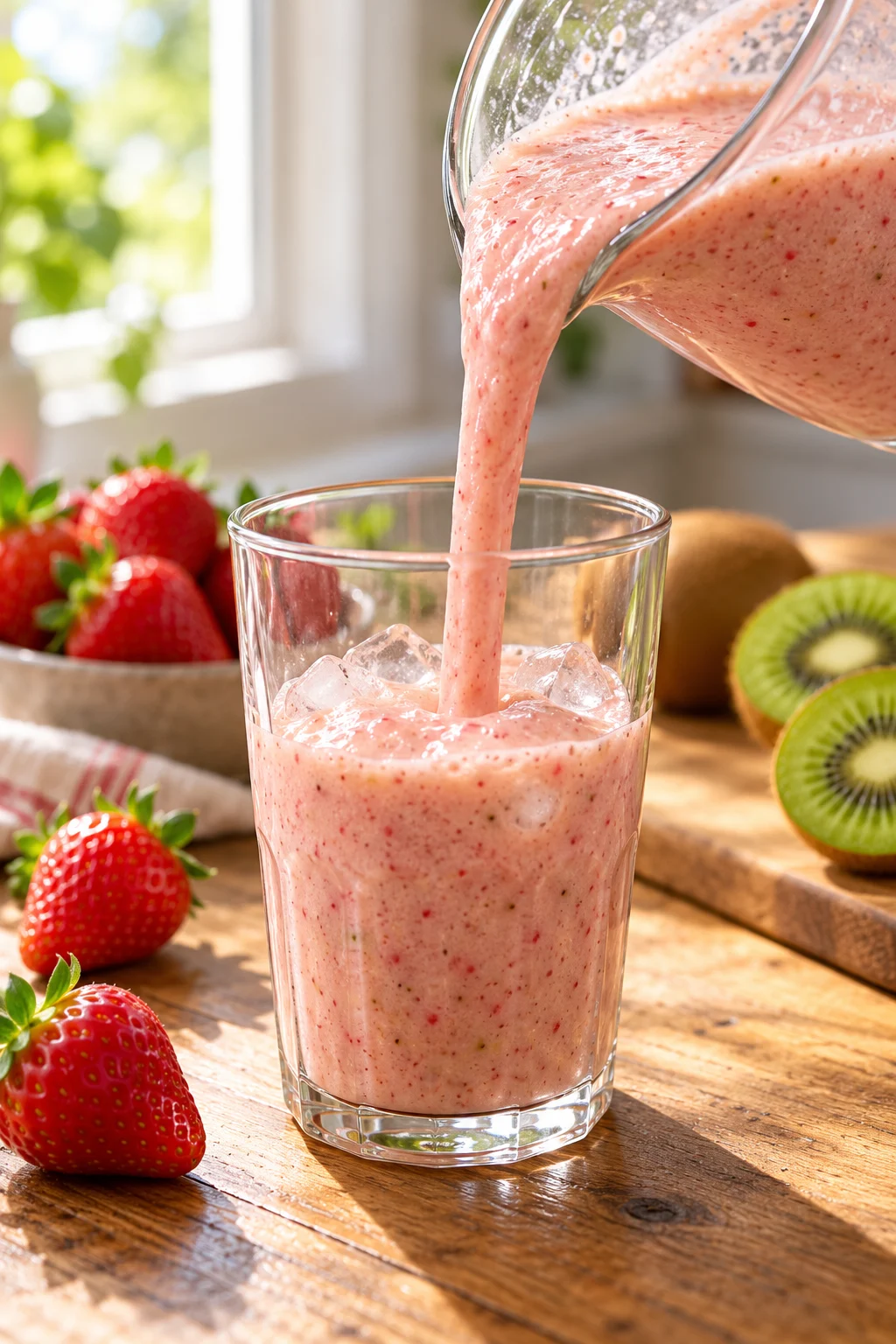 Batido de fresa y kiwi siendo servido en un vaso.