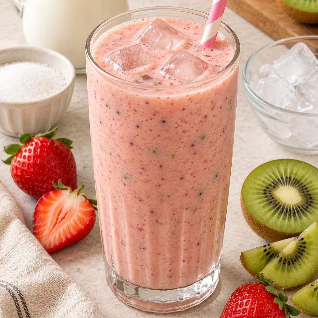 Batido de fresa y kiwi en un vaso alto con hielo, rodeado de fresas, kiwis, leche y azúcar.