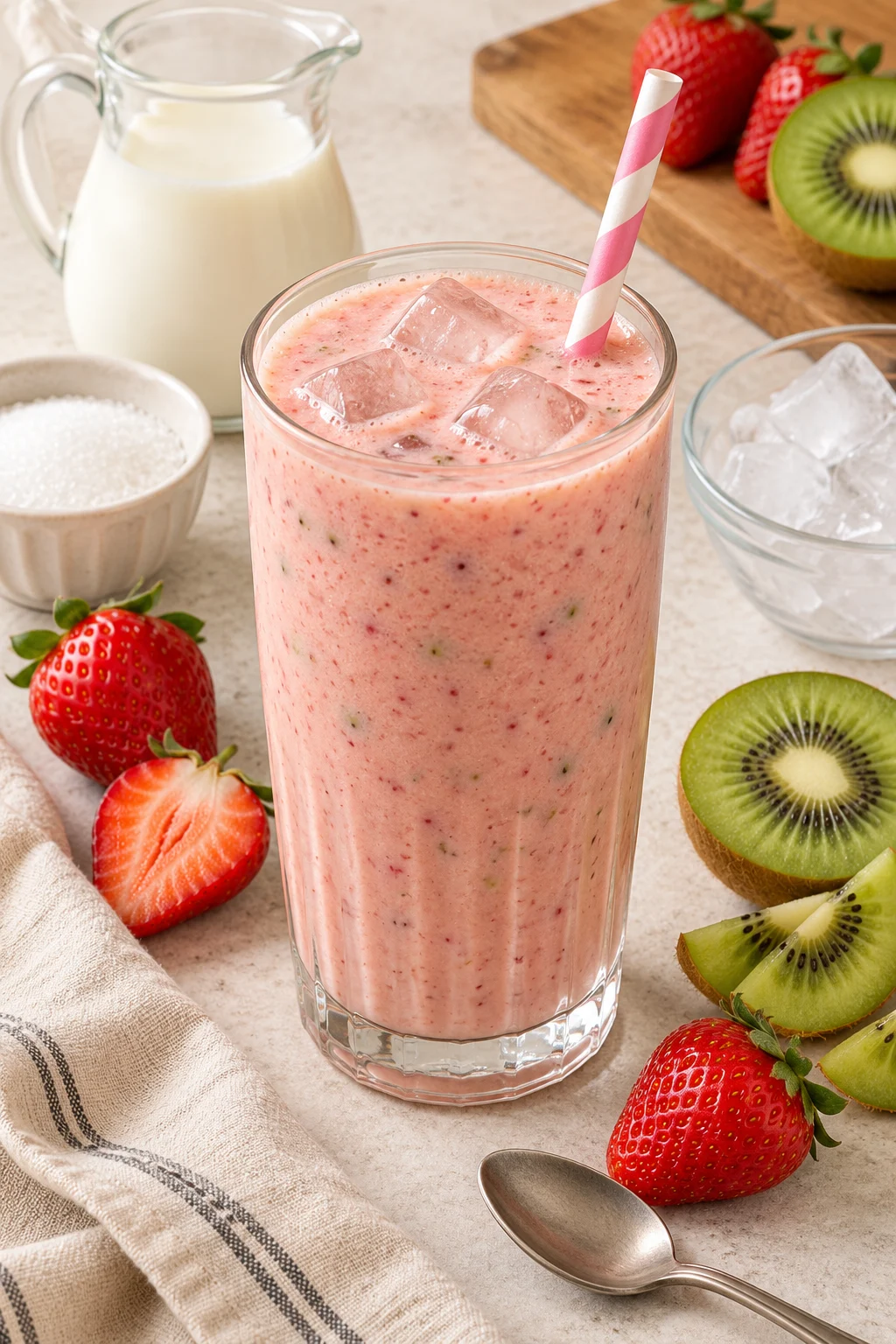 Batido de fresa y kiwi servido en un vaso con fresas y kiwis alrededor.