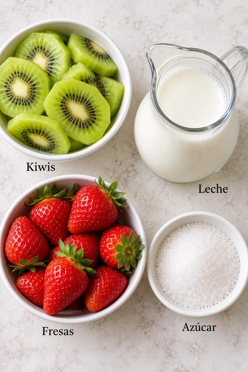 Ingredientes etiquetados para batido de fresa y kiwi.