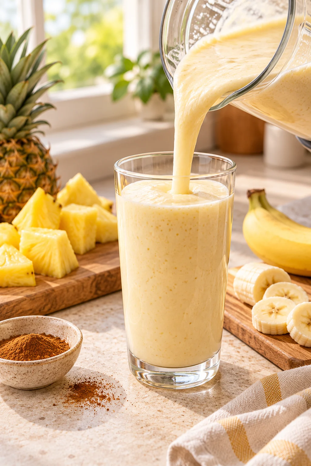 Batido de piña y banana siendo servido en un vaso