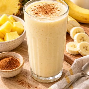 Batido de piña y banana en un vaso con canela por encima, rodeado de piña y plátanos