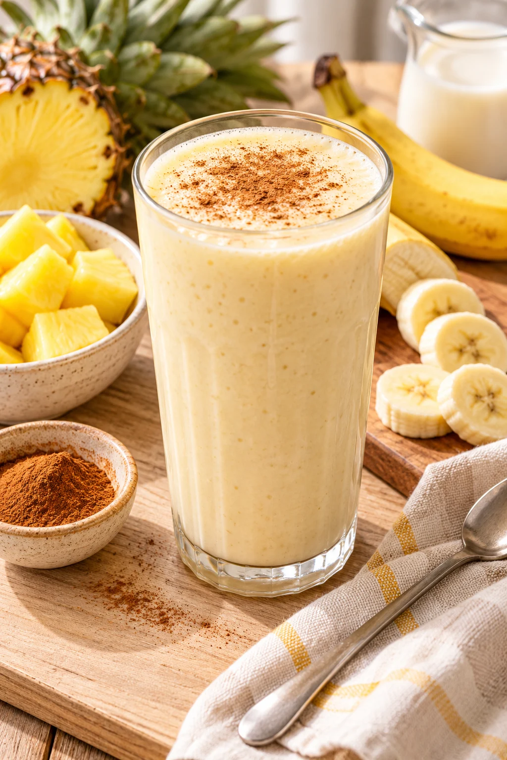 Batido de piña y banana servido en un vaso con rodajas de piña y plátano