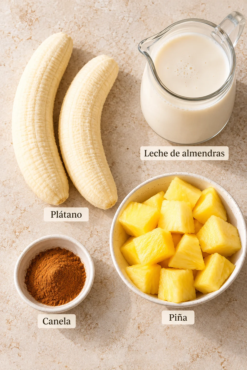 Ingredientes etiquetados para batido de piña y banana
