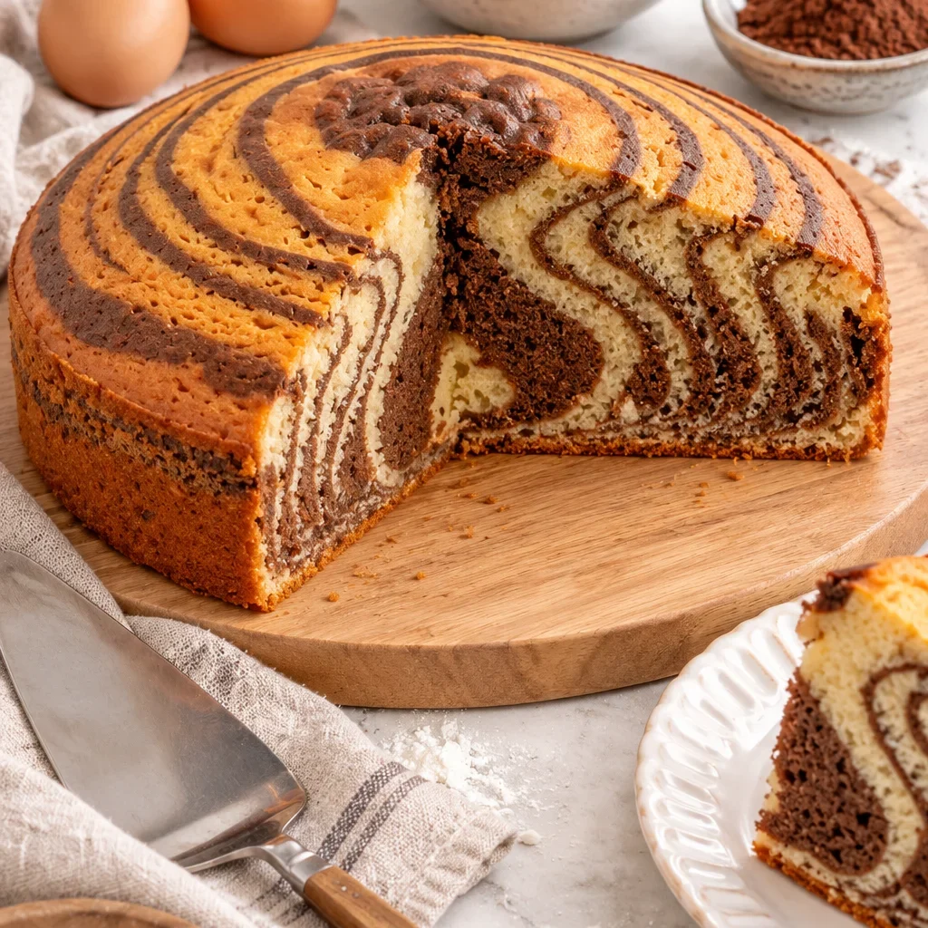 Bizcocho cebra esponjoso con capas de vainilla y chocolate