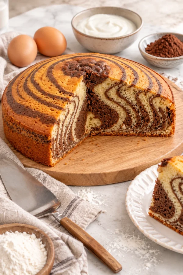 Bizcocho cebra esponjoso con capas de vainilla y chocolate