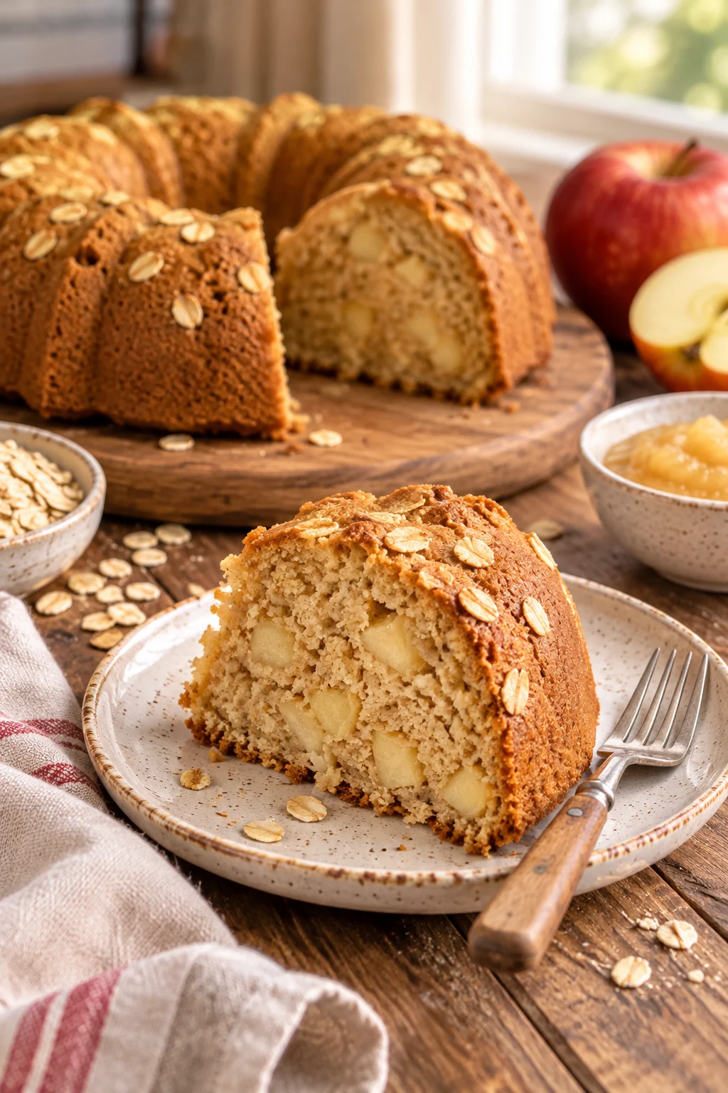 Bizcocho de avena y manzana servido en la mesa con una mano levantando una porción.