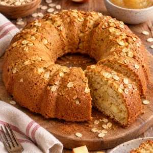 Bizcocho de avena y manzana servido en un plato con manzanas y copos de avena.
