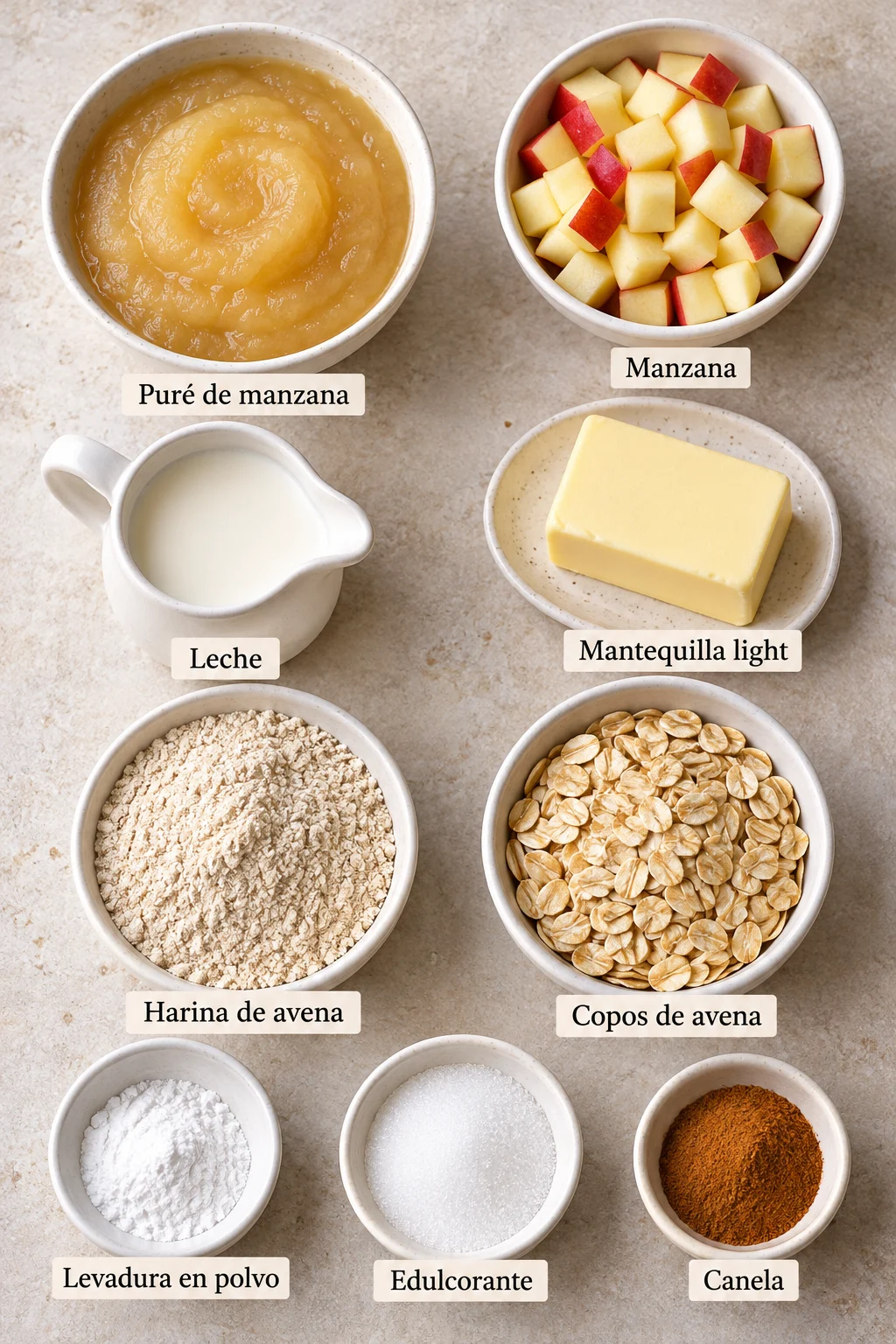 Ingredientes etiquetados para bizcocho de avena y manzana.