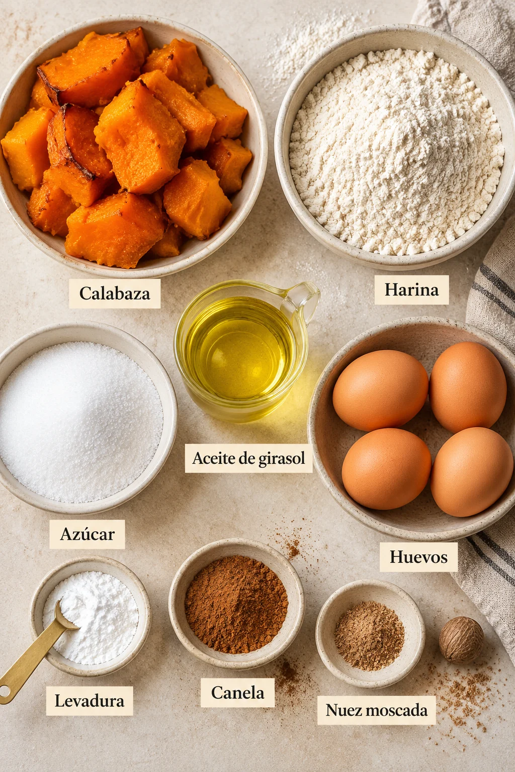 Ingredientes etiquetados para bizcocho de calabaza y canela sobre superficie clara