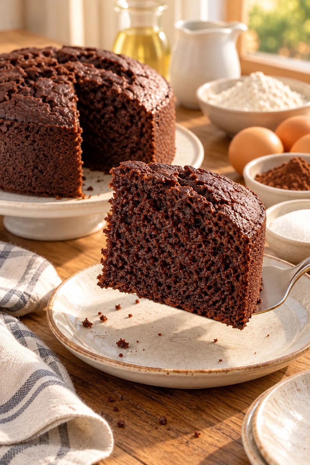 Porción de bizcocho de chocolate servido