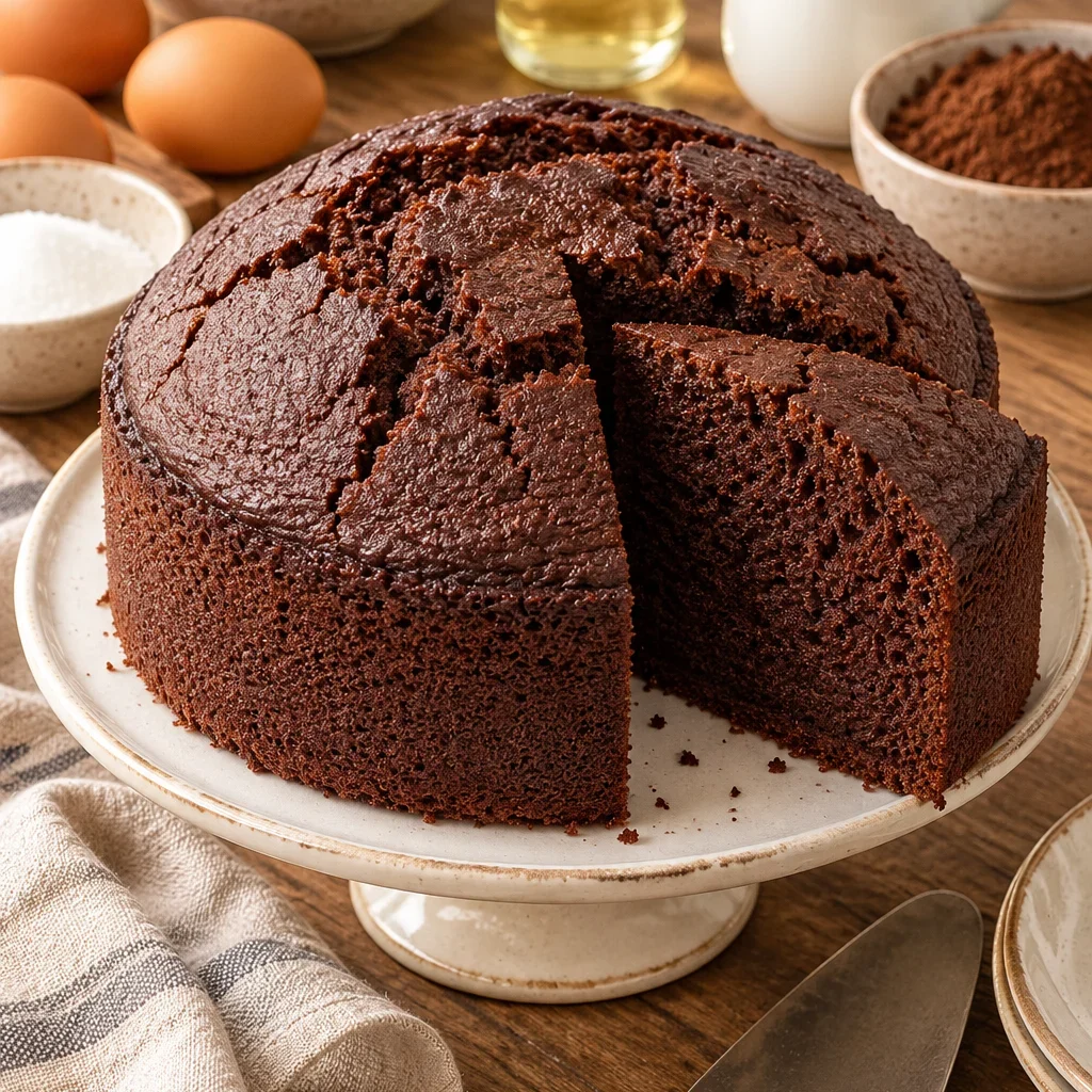 Bizcocho de chocolate esponjoso con una porción cortada, rodeado de huevos, azúcar, cacao, harina y leche