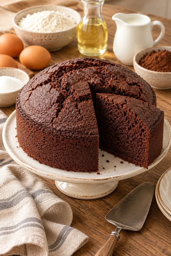 Bizcocho de chocolate esponjoso con una porción cortada, rodeado de huevos, azúcar, cacao, harina y leche