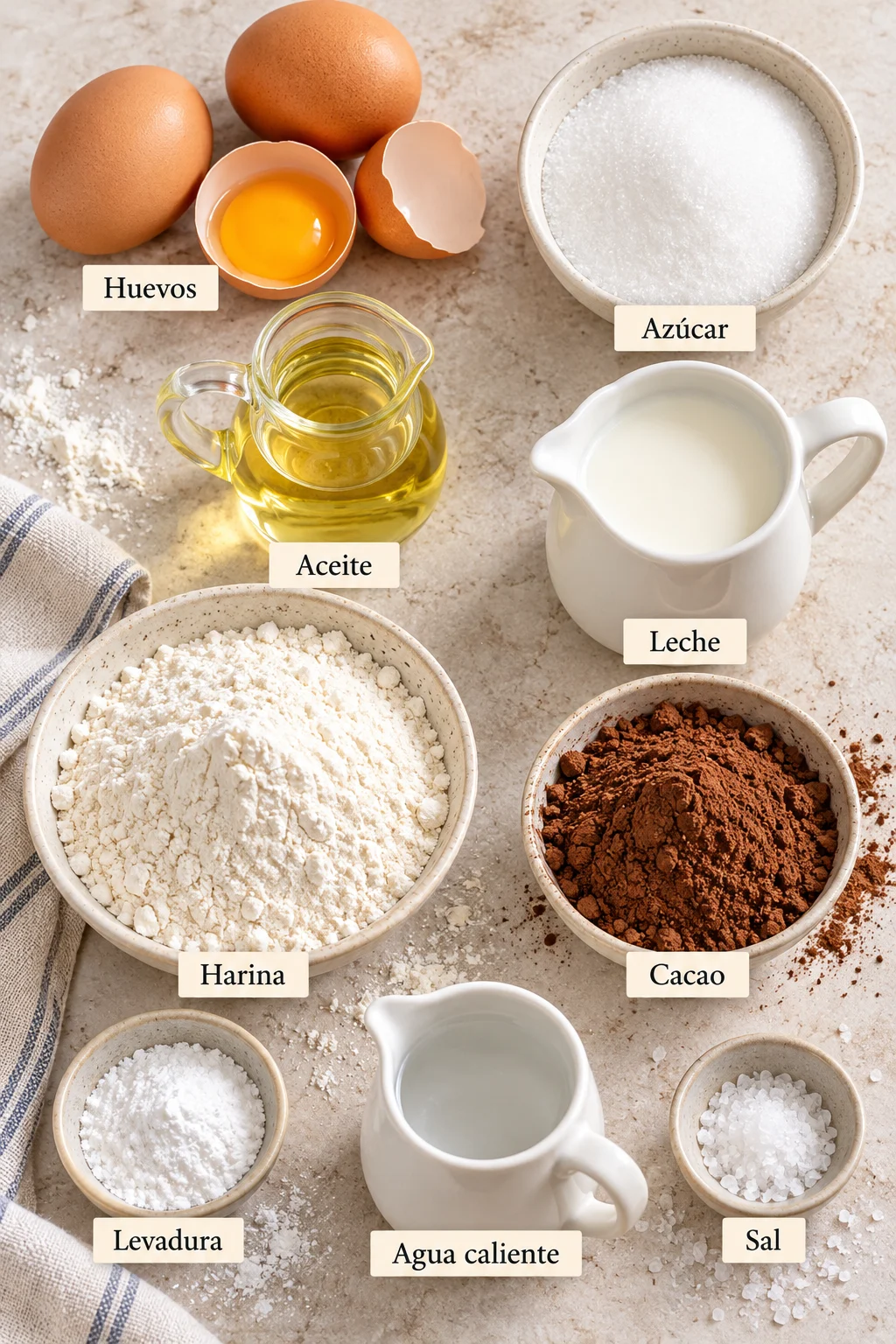 Ingredientes etiquetados para bizcocho de chocolate