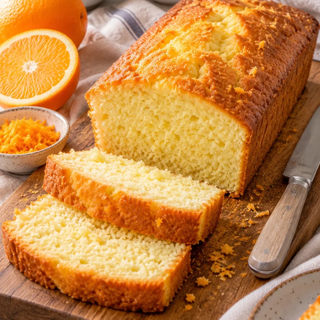 Bizcocho de naranja esponjoso cortado en rebanadas junto a naranjas frescas